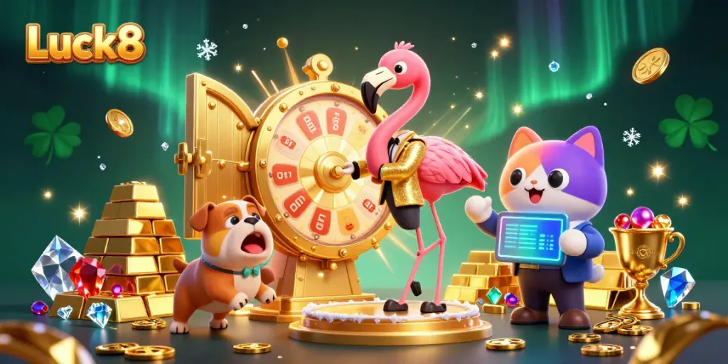 Experience exciting gameplay with Luck8 in a vibrant 3D casino scene filled with treasure and fun.