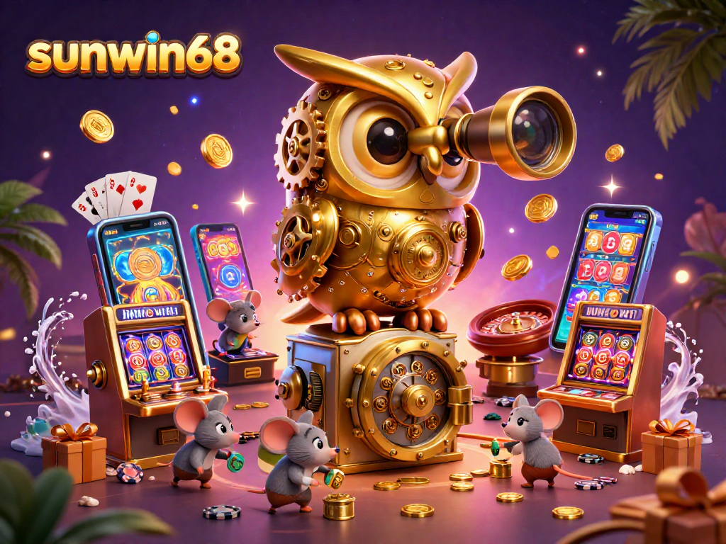 Engage with sunwin68's gaming opportunities featuring an owl mascot and vibrant casino elements
