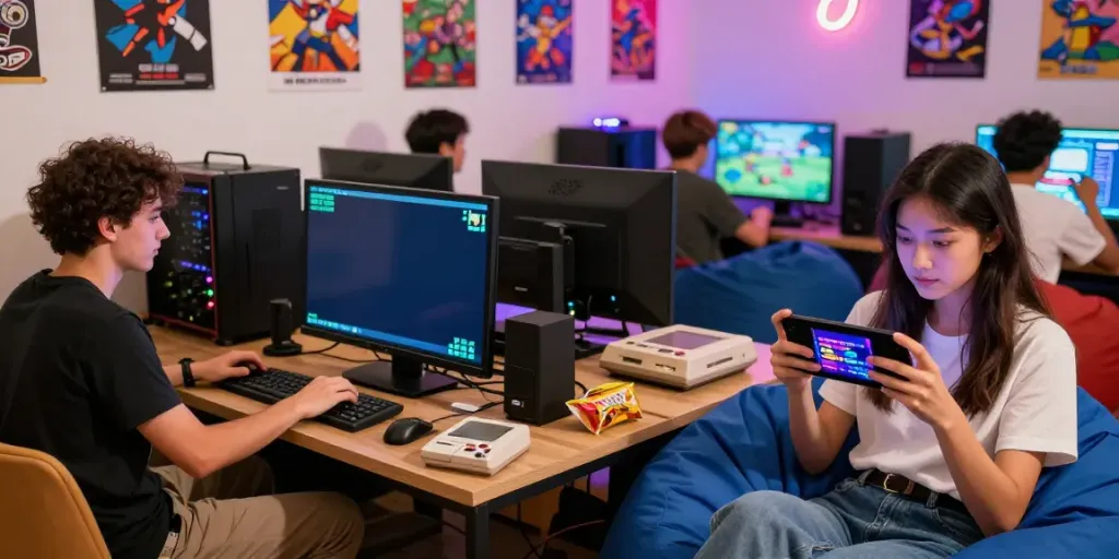 Explore gaming history at https://rokok88.asia with gamers enjoying classic PCs and mobile gaming in a vibrant lounge.