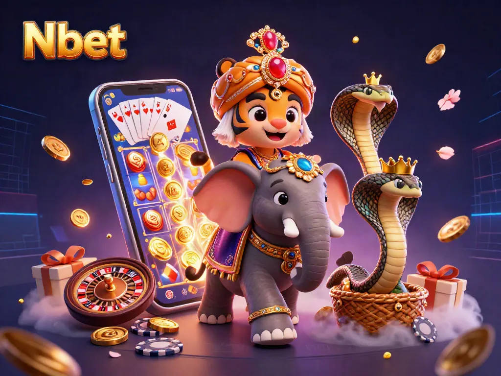 Nbet presents an exciting scene with a cartoon maharaja tiger, elephant, and cobra amidst dynamic casino elements.
