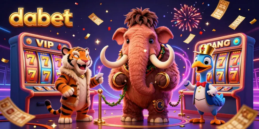 Experience the vibrant casino excitement at DABET with dynamic slot reels and bouncer characters.