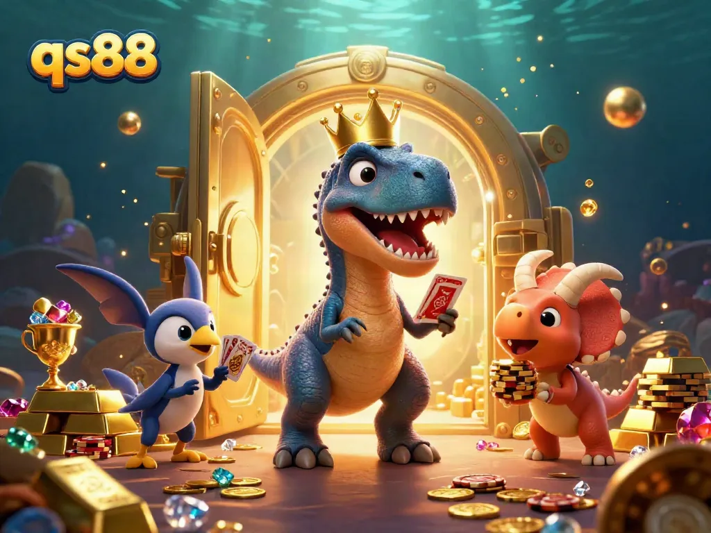 qs88 casino scene with a friendly T-Rex shuffling cards, a pterodactyl assisting, and a triceratops stacking golden chips.