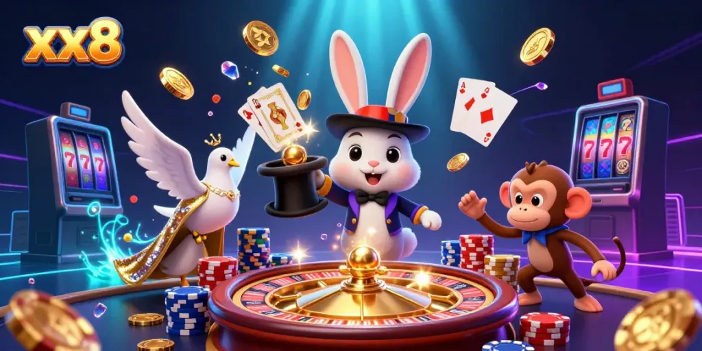 Experience the charm of xx8 with a 3D casino scene showcasing magic, with a rabbit and colorful coins.