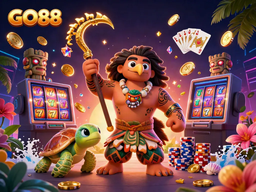 Go88 features a Polynesian demigod and turtle amidst cascading coins, vibrant casino elements.