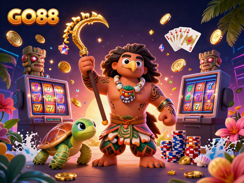Go88 features a Polynesian demigod and turtle amidst cascading coins, vibrant casino elements.