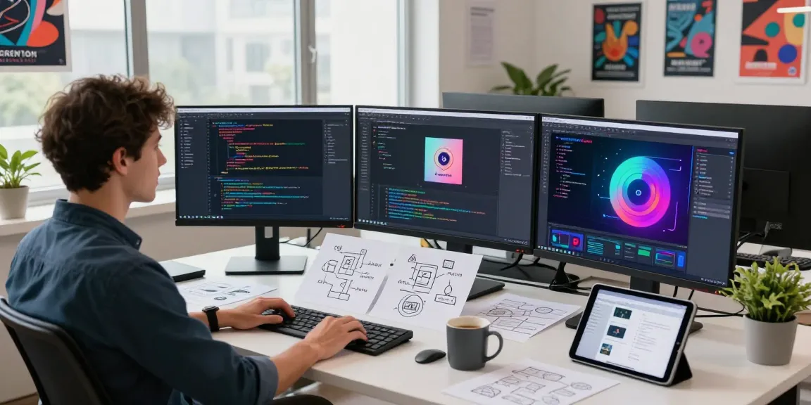 Developer using juicy ai for coding and artwork creation in a modern workspace.