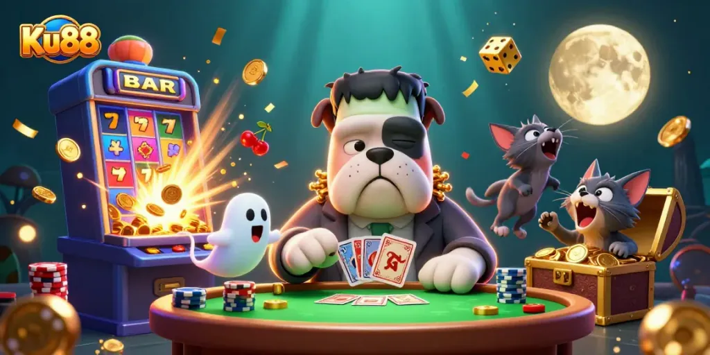 Experience thrilling action at Ku88 with a lively 3D casino scene featuring unique characters and vibrant game elements.