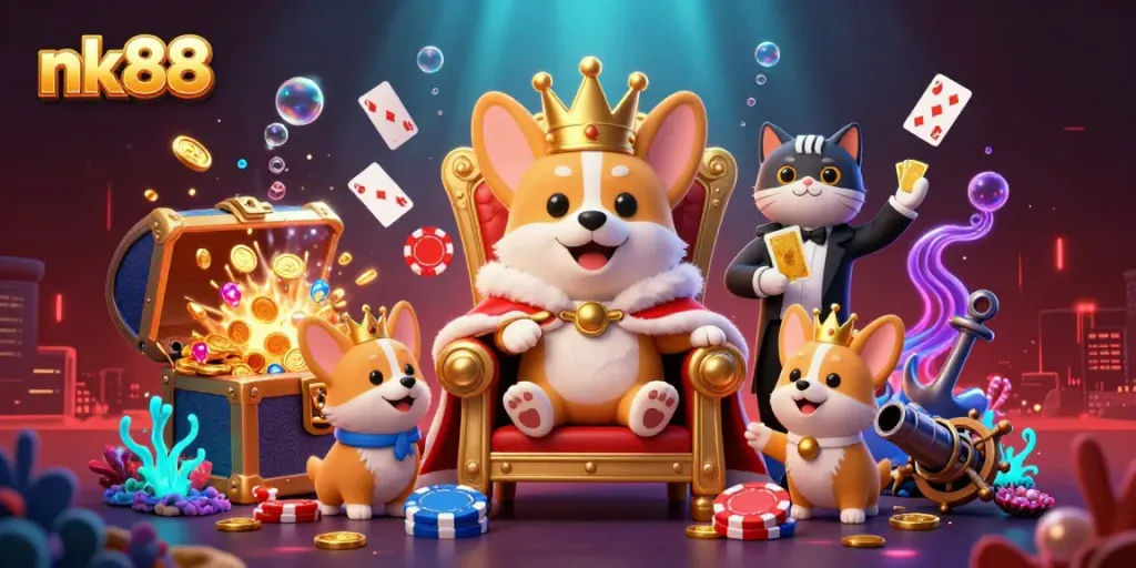 Experience the excitement of nk88 with a royal corgi and casino elements in an underwater world.