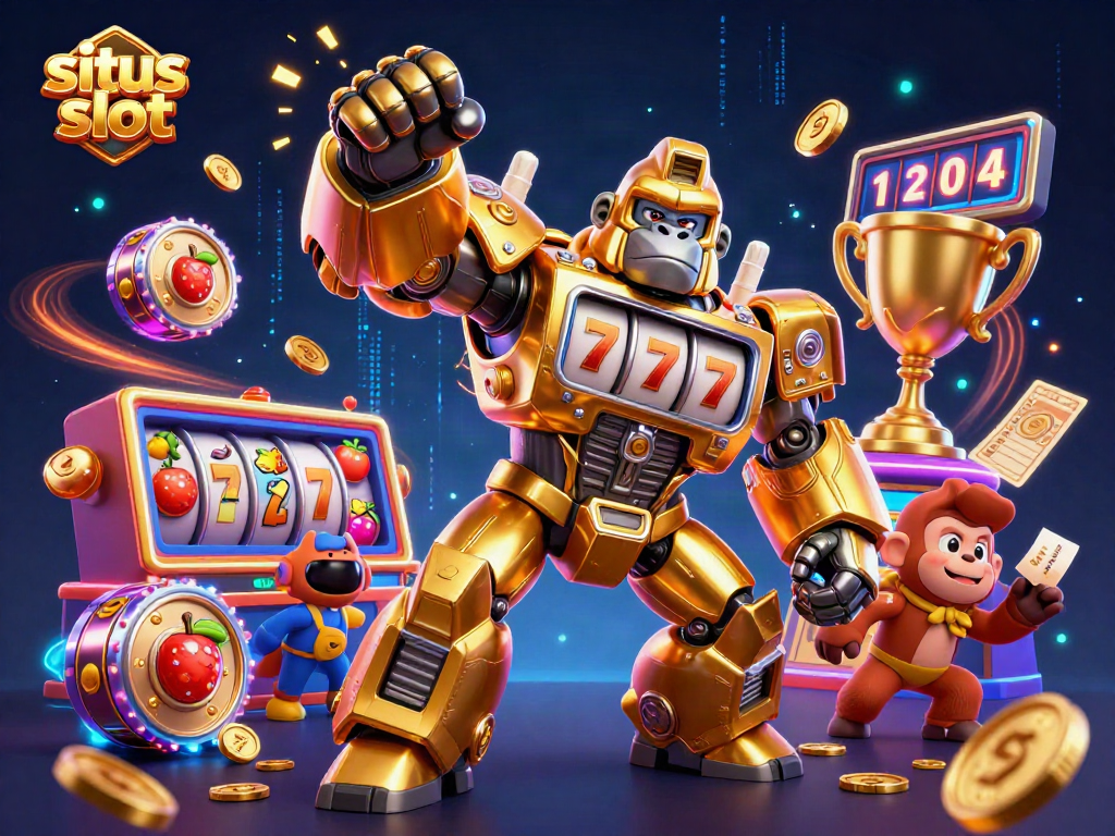 Engage with situs slot excitement featuring a golden mech and dynamic slot elements.