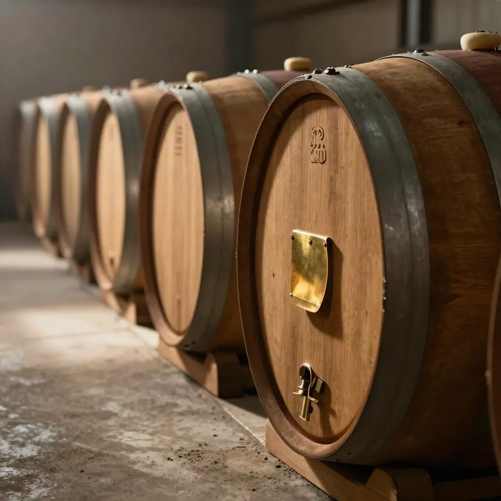 Three whisky casks in a bonded aisle, one claimed by amber light beside a sample thief and brass marker.