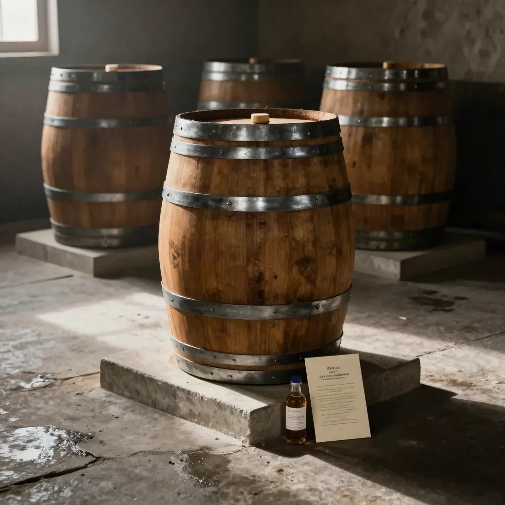 A whisky cask on a concrete plinth with two softened casks, sample vial and a blank card in a bonded warehouse.