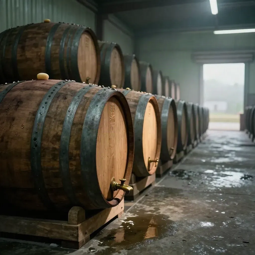 Moody row of whisky casks in a rain-damp bonded warehouse with mist and a bright amber edge of light