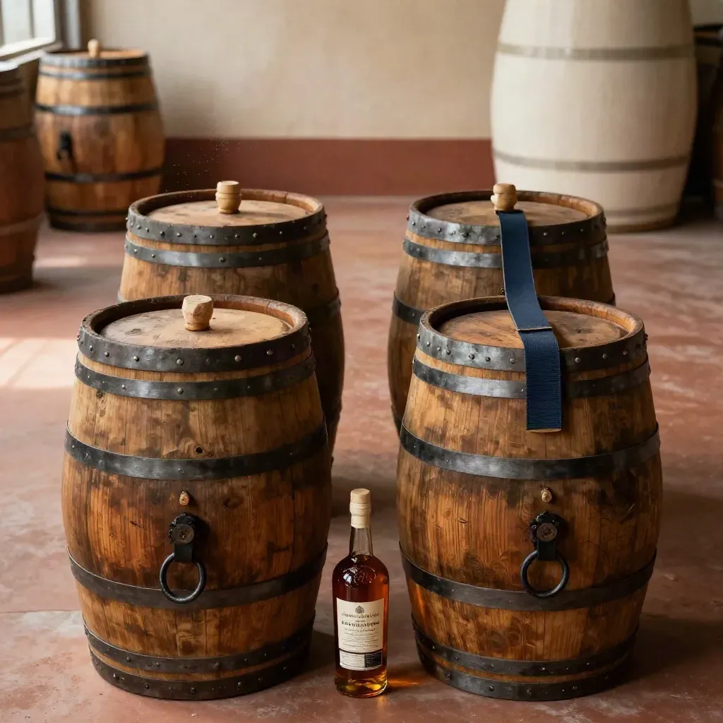 Two whisky cask lots with a sample bottle in a warm bonded warehouse, split for exit strategy planning.