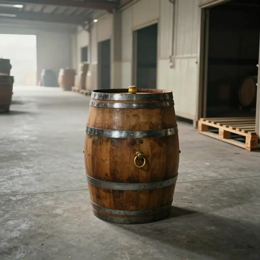 Single oak whisky cask in an empty bonded warehouse bay with a pallet behind it.