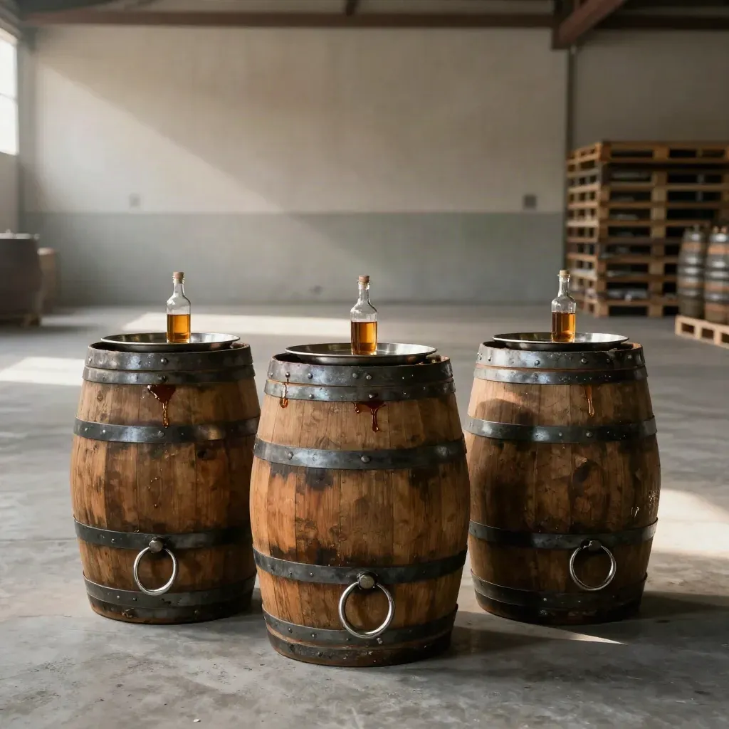 Three matched whisky casks in a misty warehouse triangle, lit dramatically on concrete.