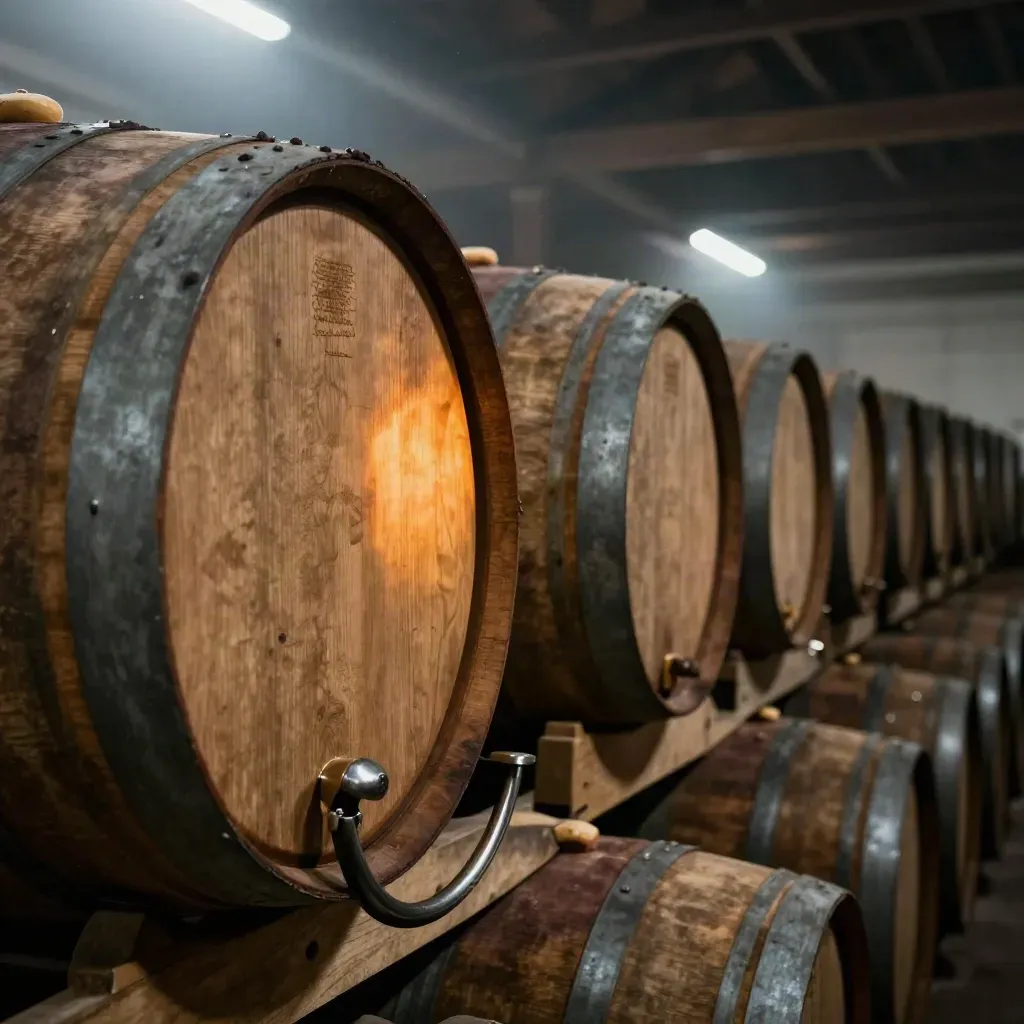 Rows of bonded whisky casks glowing under warehouse rafters in cool mist.