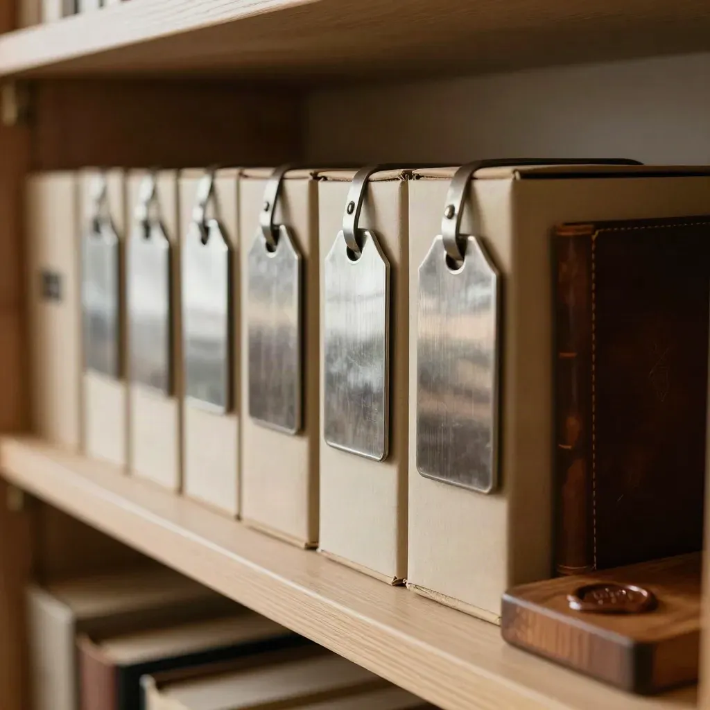 Brushed metal cask tags, archive boxes, logbook and stamped tray on a bonded warehouse shelf.