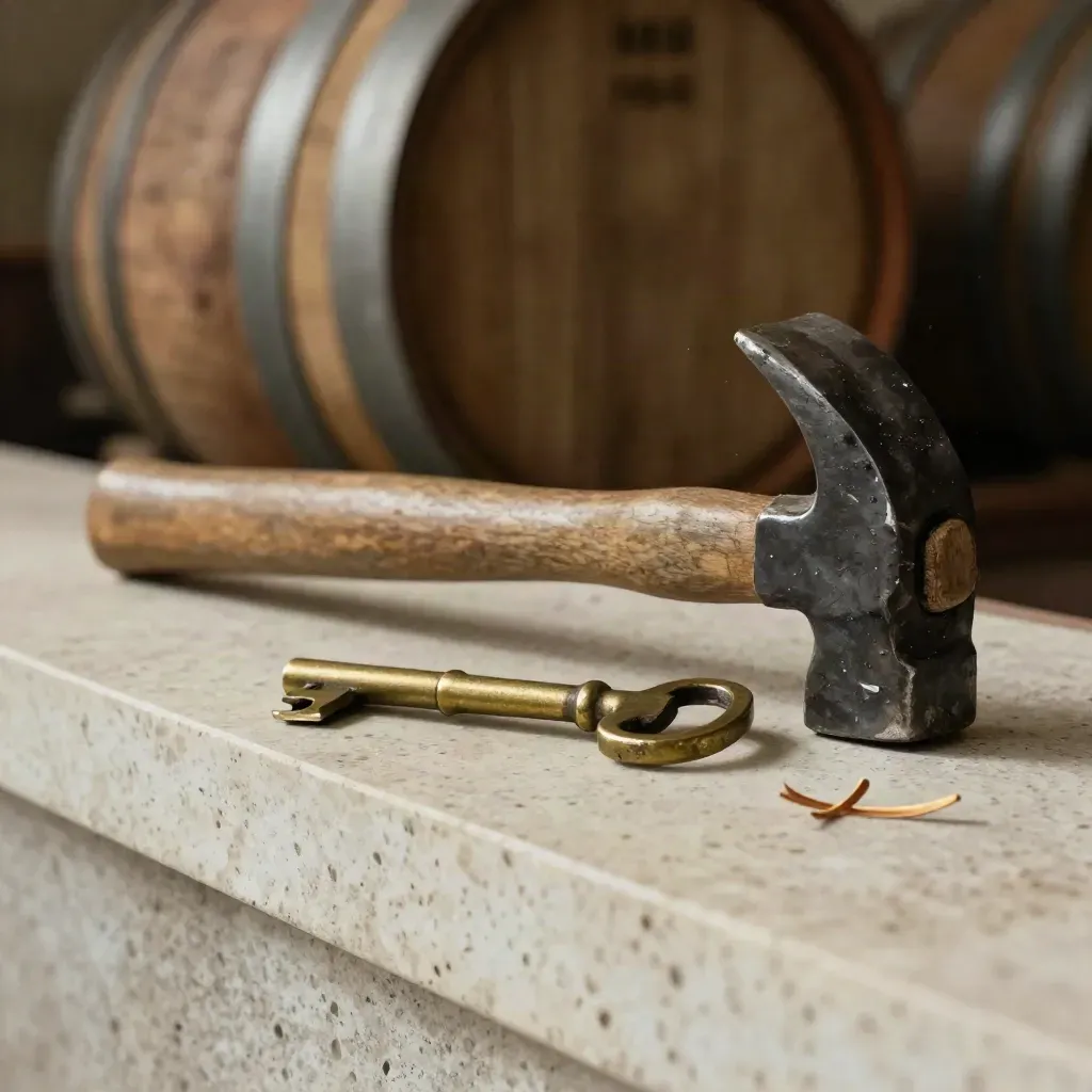 Brass cask key, bung hammer head, leather strap and oak shaving on travertine