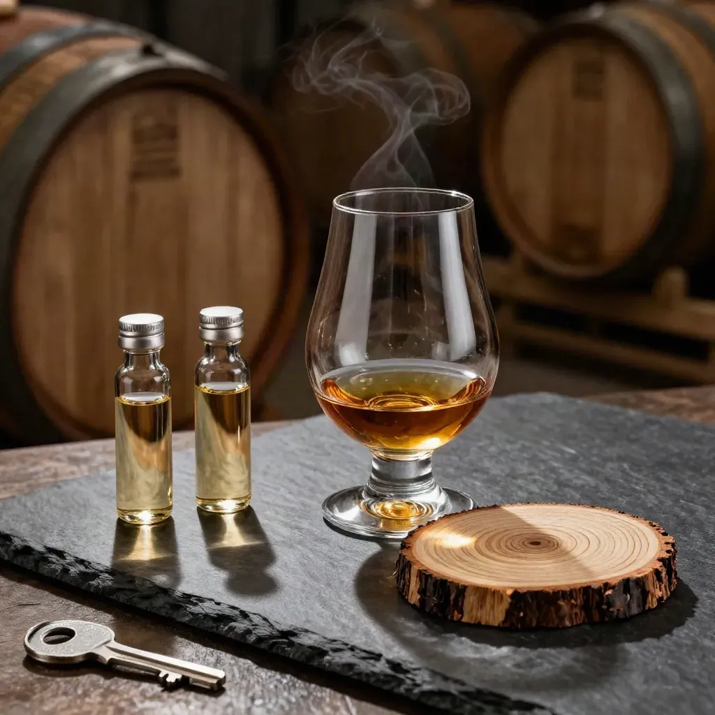 Whisky sample glass, sealed vials and cask grain swatch on dark slate in dramatic light
