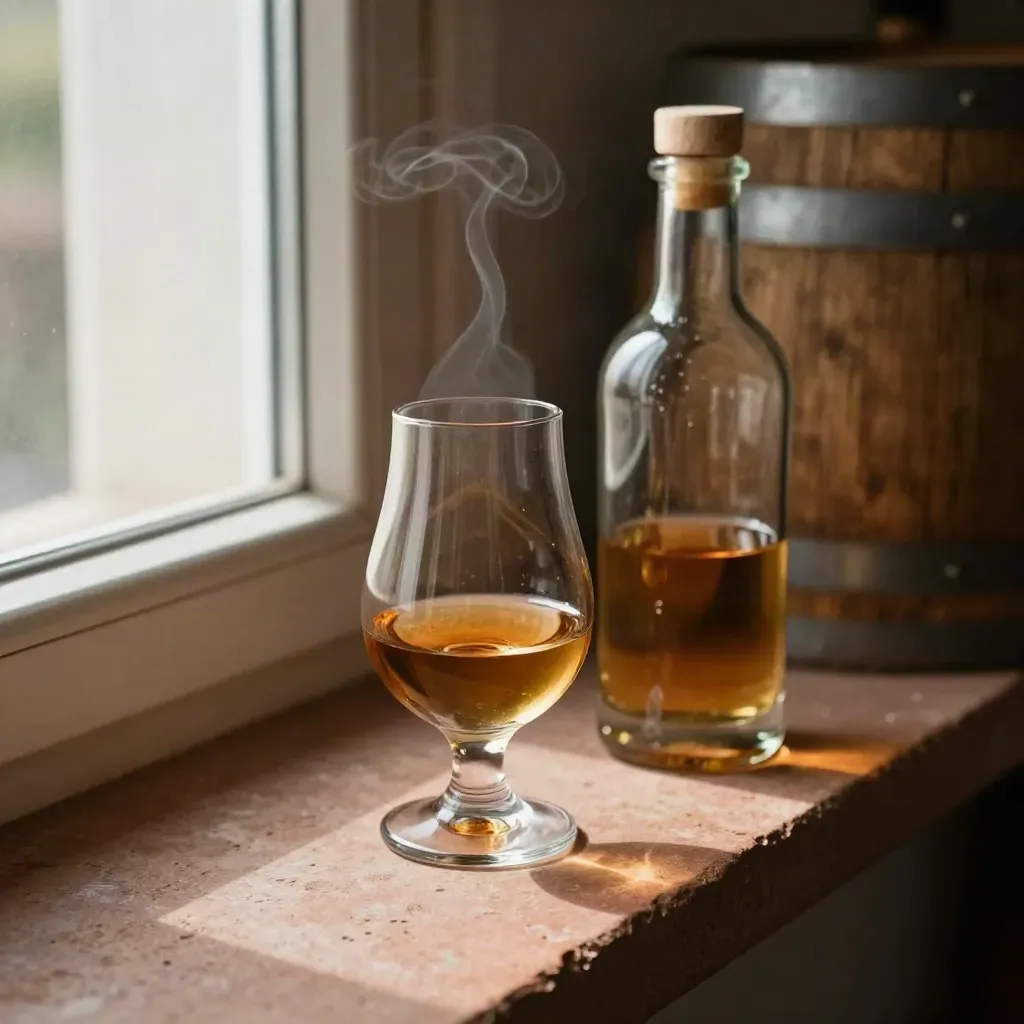 Whisky sample in tulip glass beside a clear bottle and cork bung on stone ledge