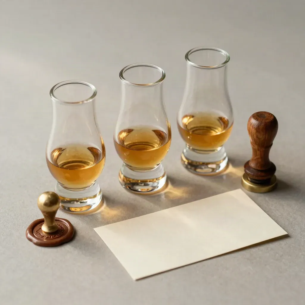 Top-down whisky sample vials, wax seal puck, cask bung, and face-down card on pale wood.