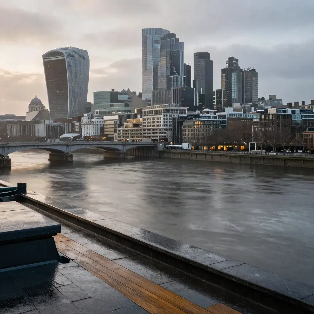 Wet Thames and City skyline at blue hour, bridges low and towers high