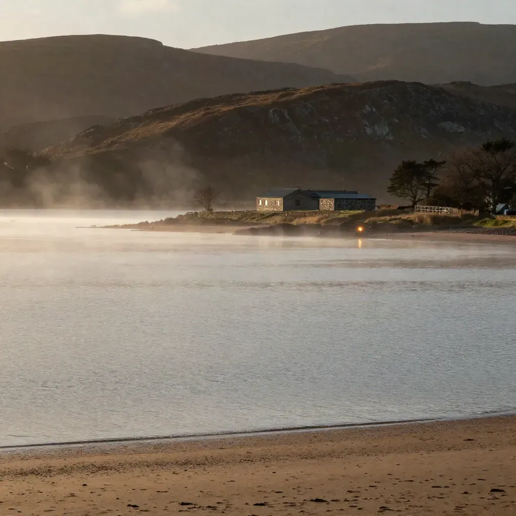 Misty Scottish loch at dawn with distant stone ridges and a tiny roofline under calm water.