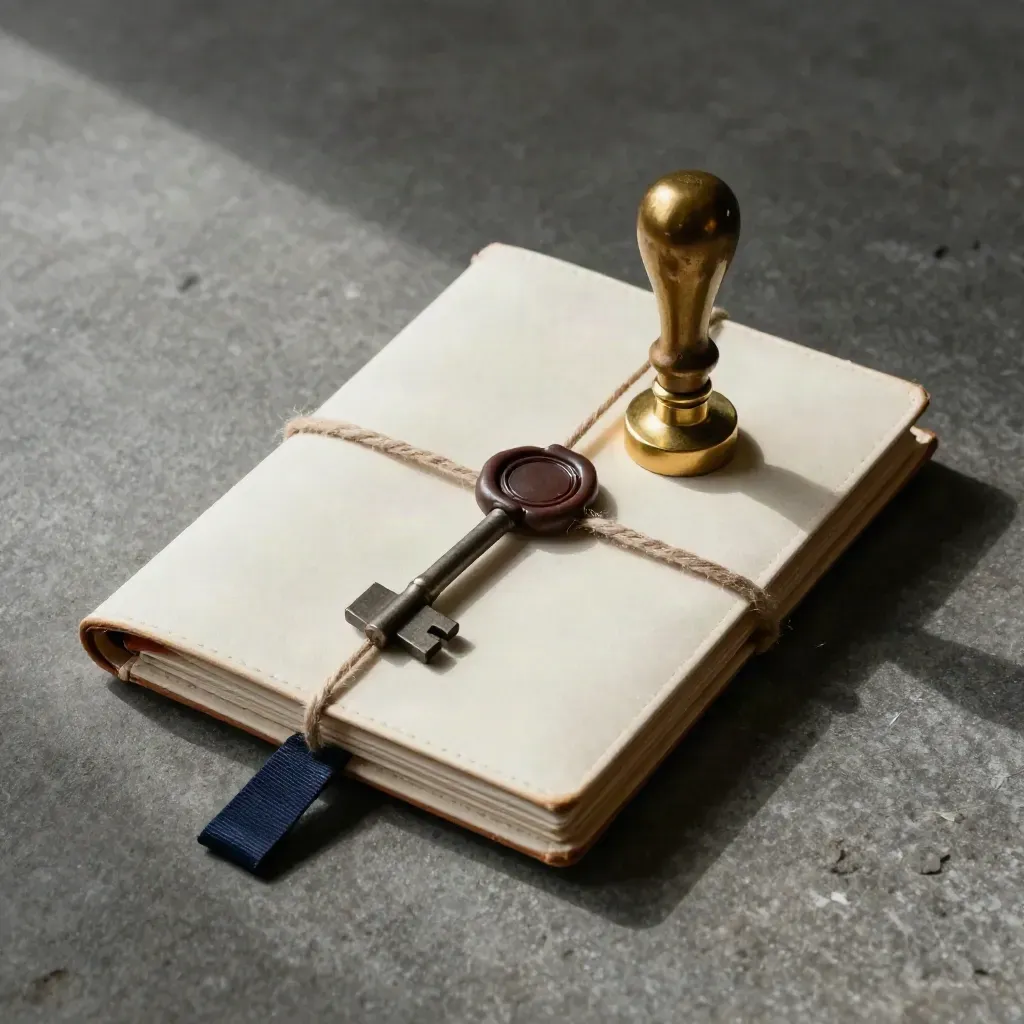 Closed cream document wallets, wax seal, brass stamp handle and warehouse key on stone.