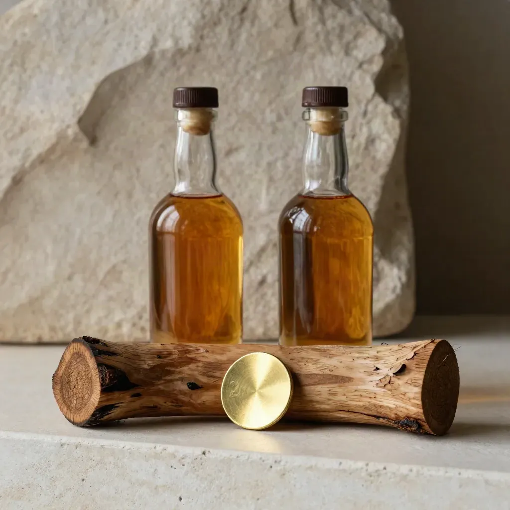 Amber whisky sample bottles, oak cask staves, and a brass token on a pale shelf.