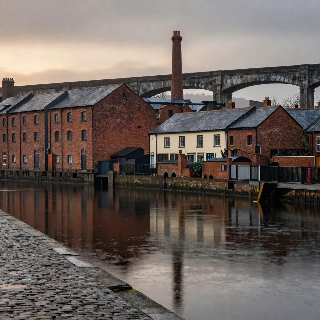 Rain-darkened brick warehouses and canal water at dusk, with calm open space for headline copy.