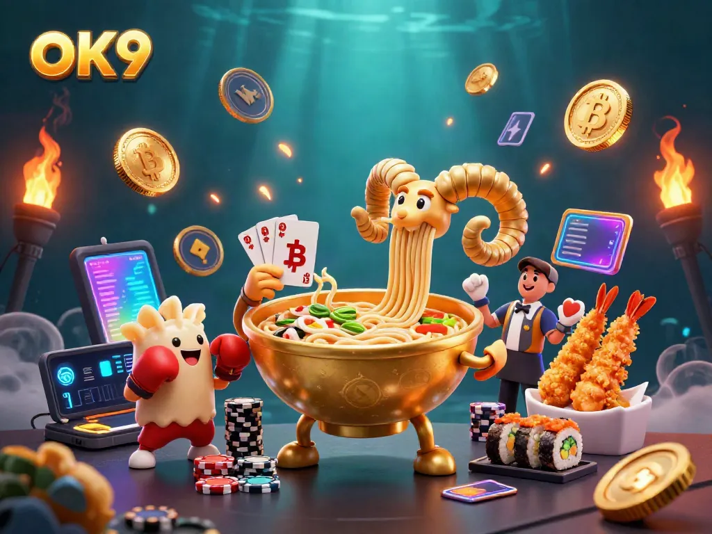 Engage in winning strategies with OK9's vibrant casino-themed illustration showcasing games and cryptocurrencies.