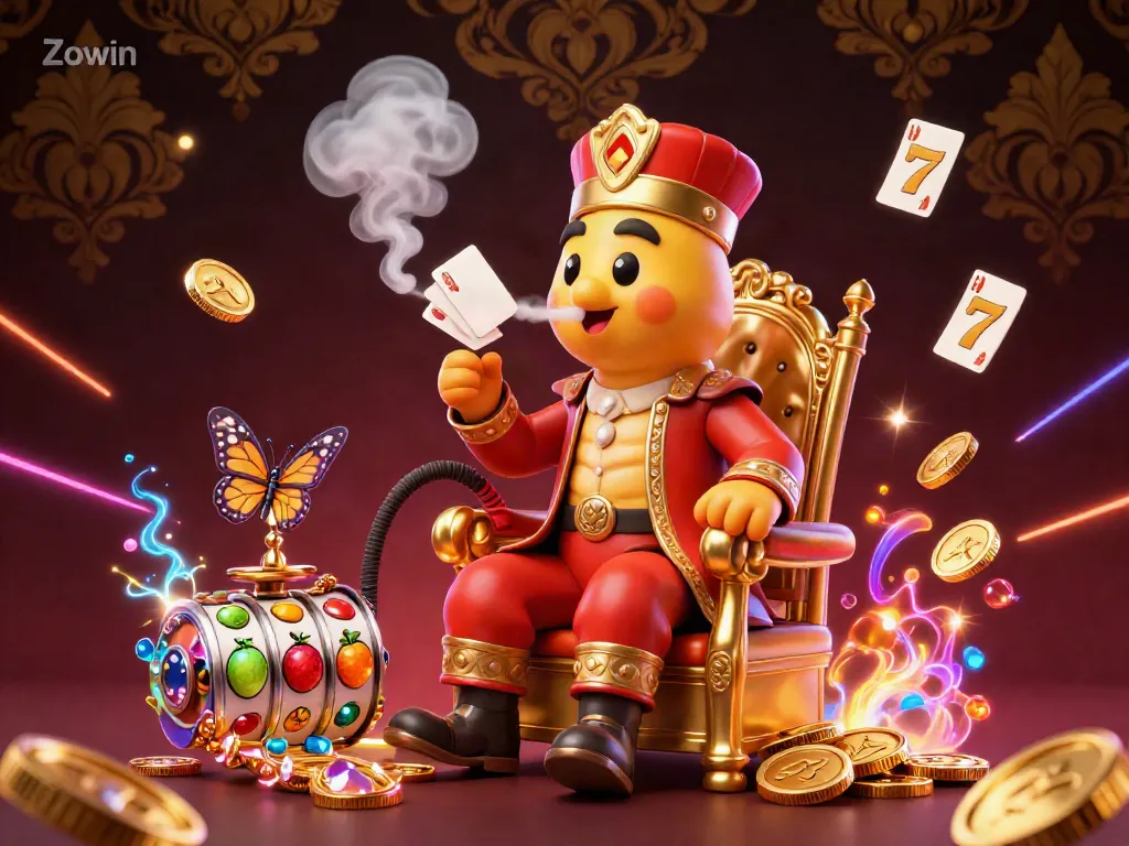 Zowin slots illustration showcasing a vibrant gambling scene with dynamic slot reels and golden coins.