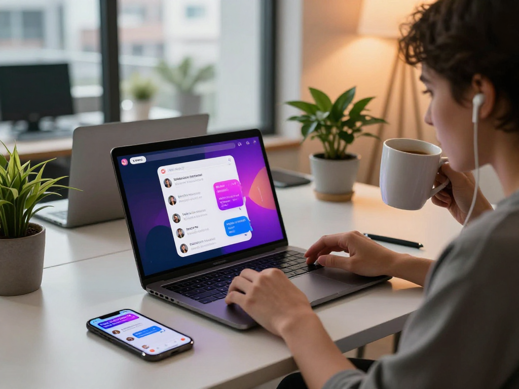 Engaging in NSFW AI chat at a modern workspace with vibrant chat interface.
