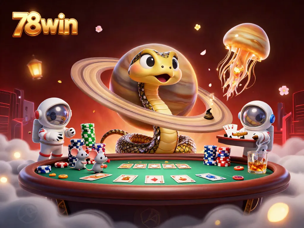 Engage with 78win’s thrilling cosmic casino scene featuring playful astronaut mice betting.