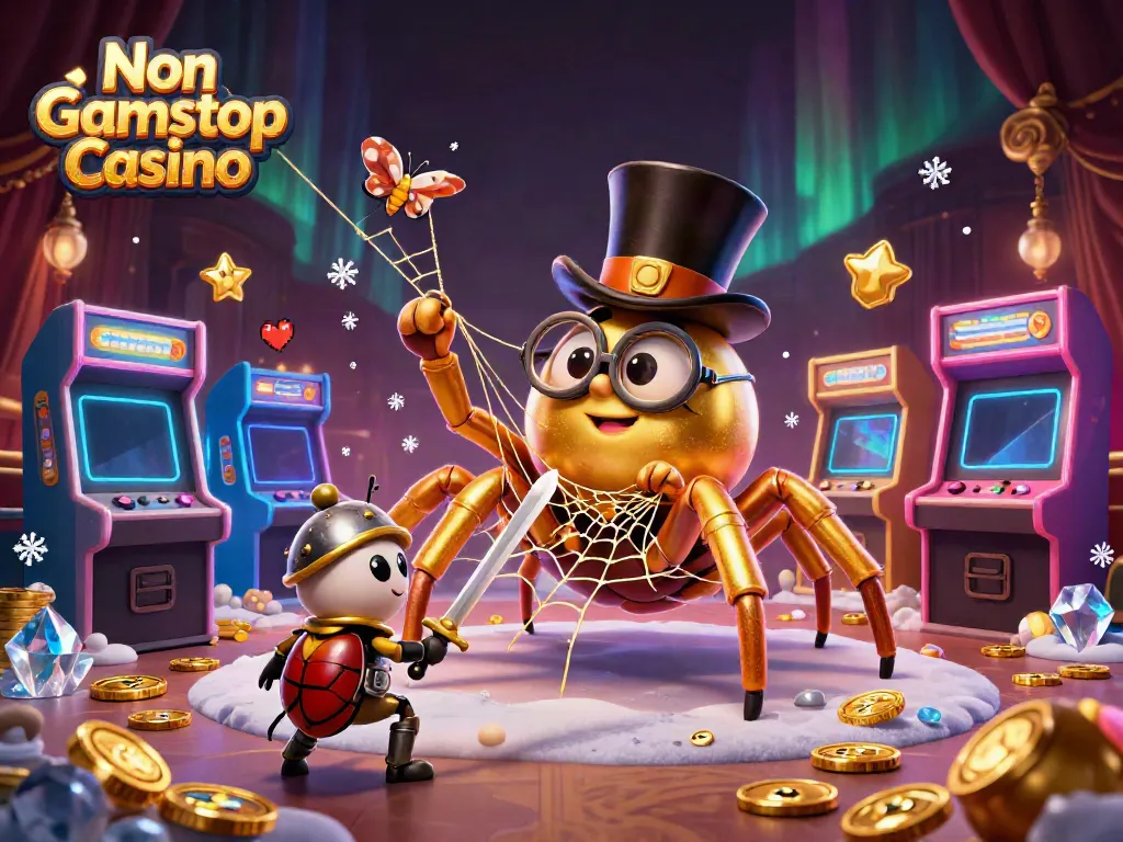 Engage with Non Gamstop Casino featuring a golden tarantula weaving a web amidst vibrant, colorful casino elements.