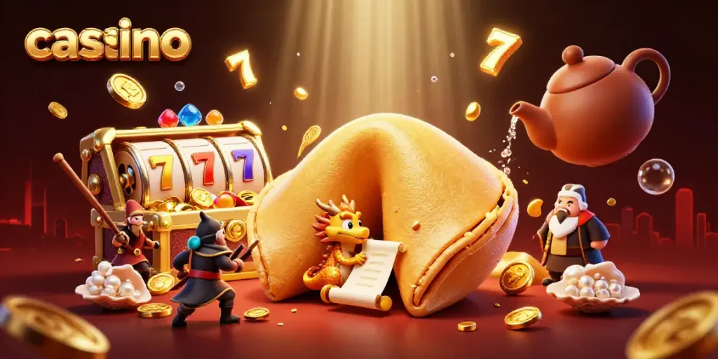 Play exciting casino games with a golden fortune cookie and a wise dragon in a vibrant scene.