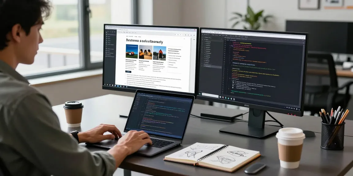 M5 MacBook on a modern office desk with dual monitors and tech news articles displayed, capturing a productive writing session.