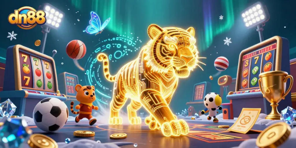 Experience exhilarating gameplay with dn88 in a vibrant casino scene filled with slot reels and sports elements.