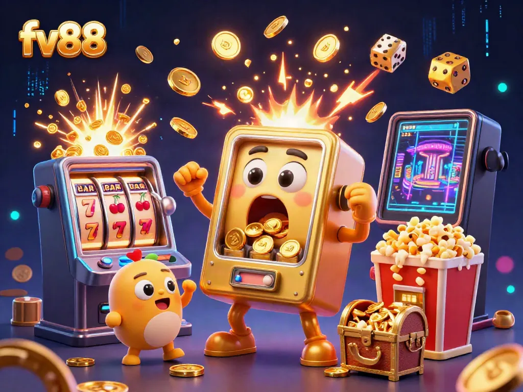 Experience jackpot excitement with the fv88 slot machine bursting with coins and cheer.