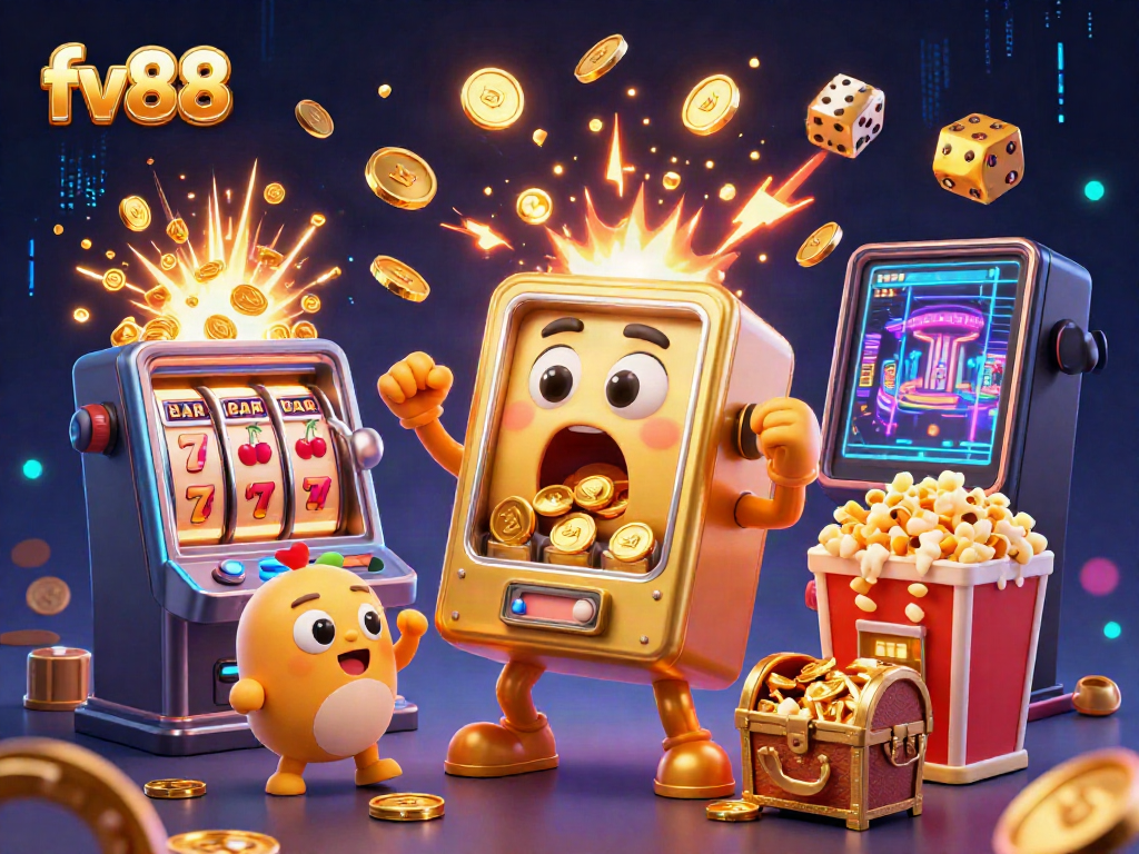 Experience jackpot excitement with the fv88 slot machine bursting with coins and cheer.