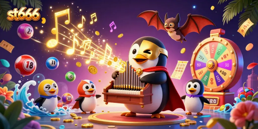 Experience thrilling gaming with st666, featuring a penguin playing an organ amid golden coins and vibrant casino elements.