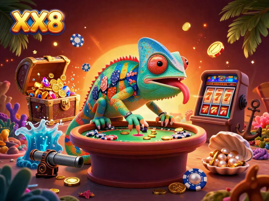 Experience the vibrant energies of gambling at XX8 with this dynamic 3D casino illustration.