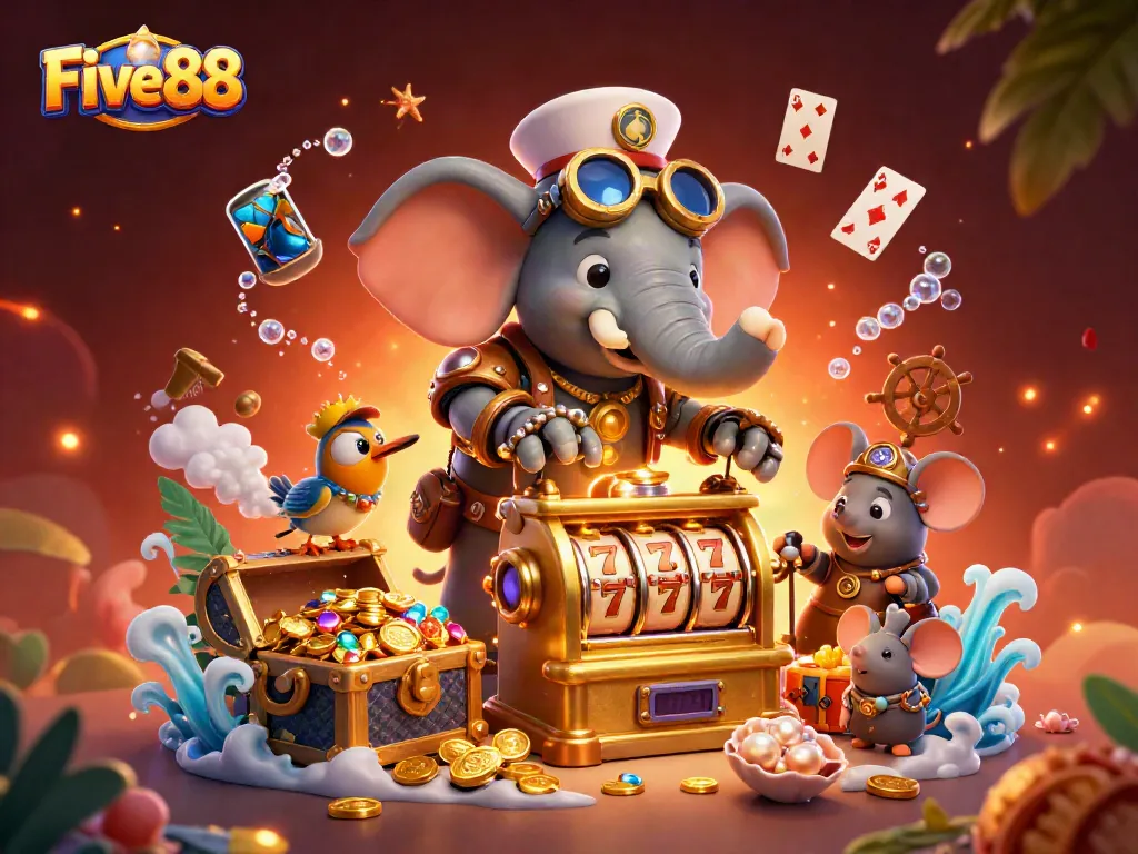 Experience the thrilling Five88 slot games with steampunk characters and treasures in vibrant 3D.