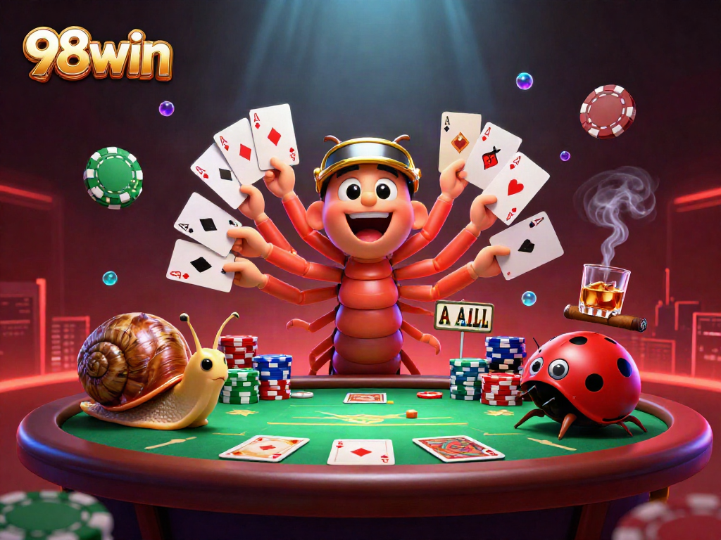 Experience thrilling poker action with 98win's vibrant dealer and colorful chips in a dynamic 3D scene.