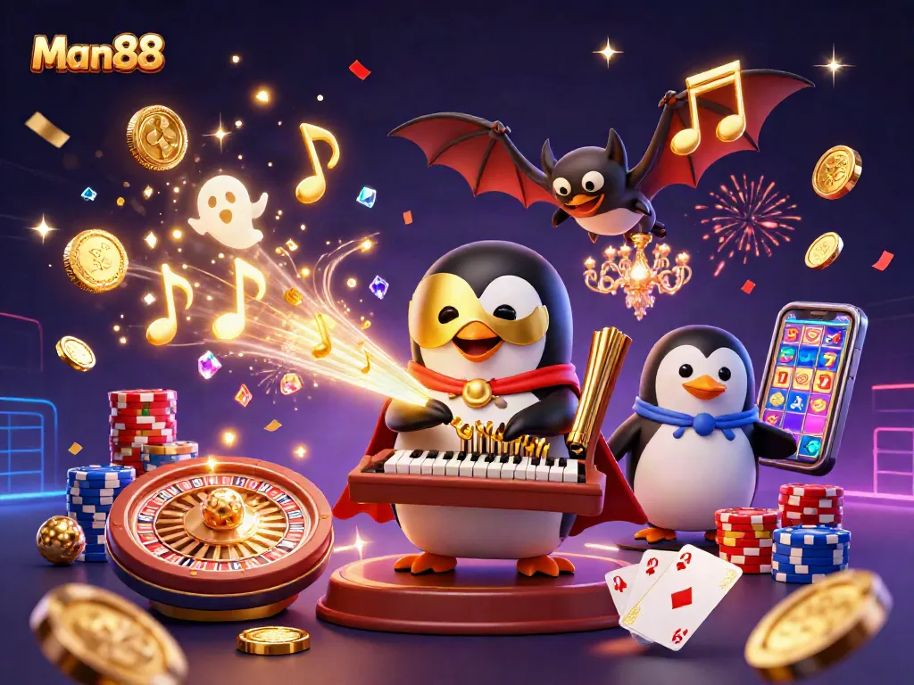 Experience the excitement of winning at Man88 with cascading coins, a penguin playing the organ, and vibrant casino elements.