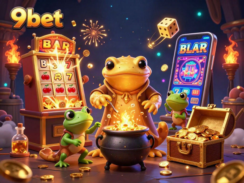 Win big with 9bet's vibrant casino scene featuring a golden salamander and exciting game elements.