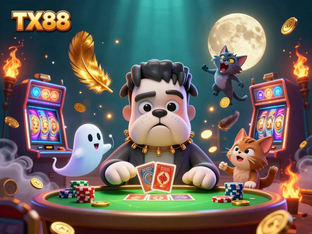Play exciting card games at TX88 with a cartoon bulldog dealer and vibrant casino elements.