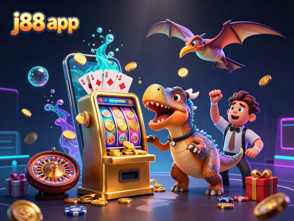 Experience fun gaming with the j88 app as a pachycephalosaurus heads a golden slot machine!