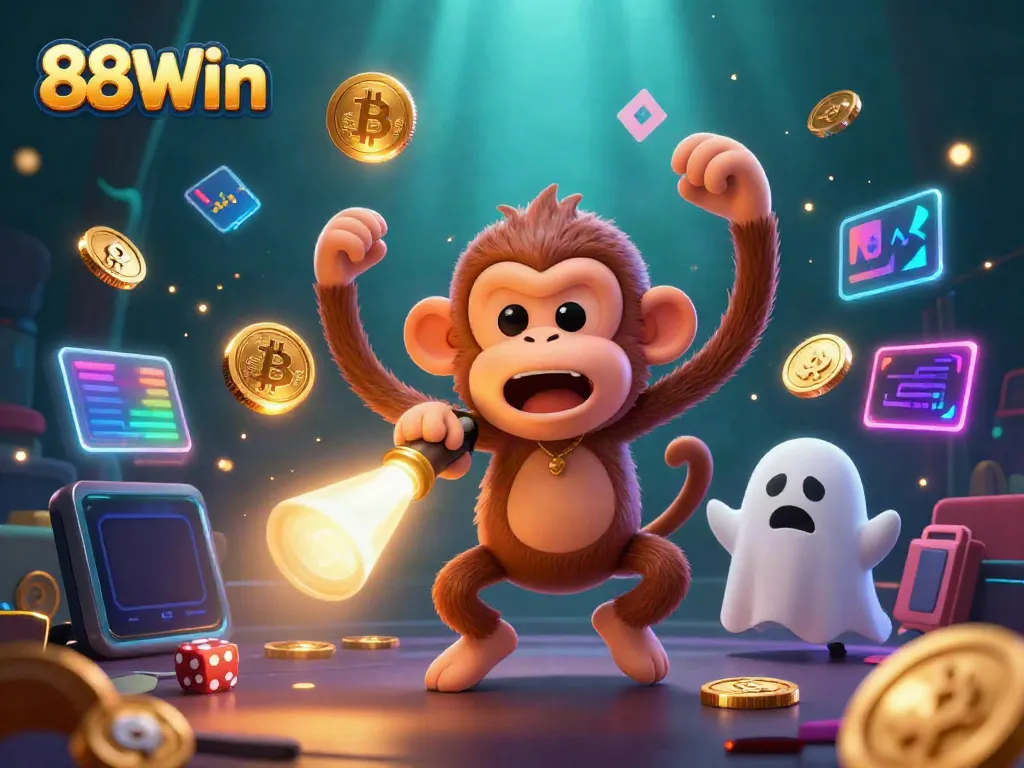 Experience the thrill of winning at 88Win with a playful ghostly monkey juggling treasures in a haunted casino.