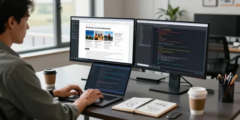 M5 MacBook on a modern office desk with dual monitors and tech news articles displayed, capturing a productive writing session.